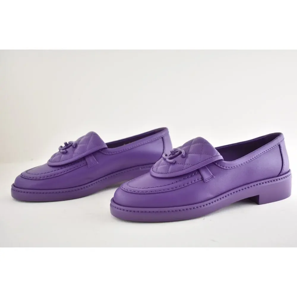 Chanel 24C Purple Leather Quilted Flap Turnlock CC Logo Moccasin Flat Loafer 36